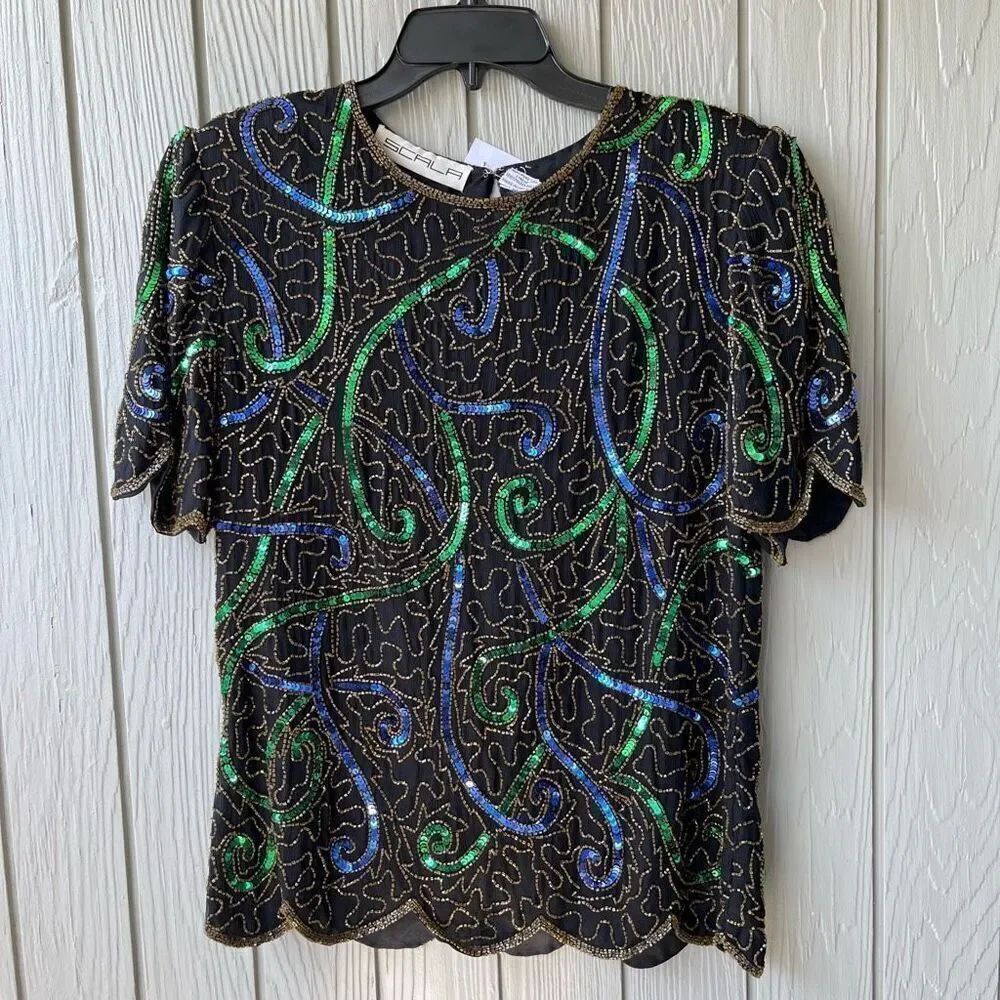 VTG Scala Silk Beaded Sequin TopāMarti Gras Holiday Glam LG